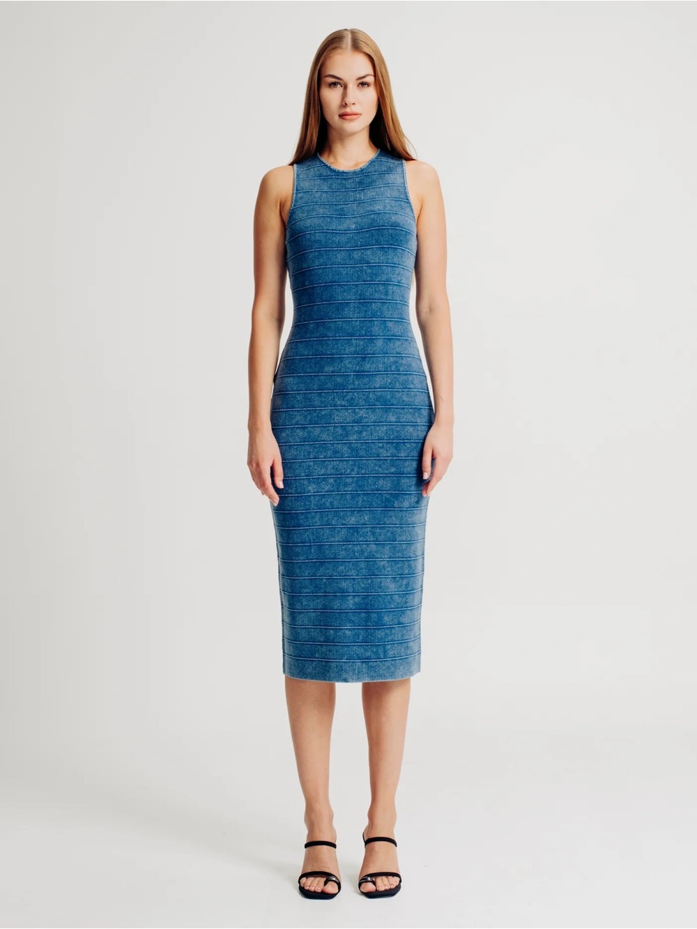 Torn by Ronny Kobo Sleeveless Denim-Blue Inspired Ribbed Midi Dress